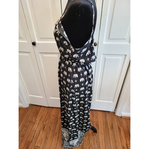Black/White Elephant Spaghetti Strap Rayon Maxi Dress M Boho Artsy Travel - Picture 6 of 8